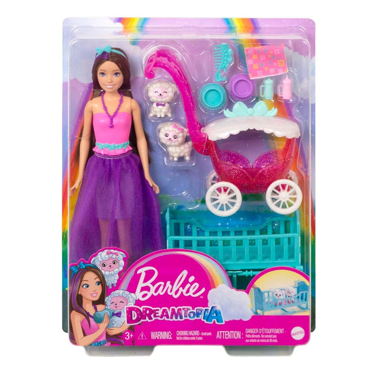 Barbie Skipper Doll and Nurturing Playset, Kids Toys, Brunette with Fantasy Look, Baby Lambs with Stroller, Crib and Accessories, HLC29