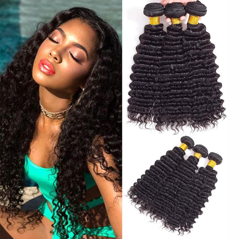 Brazilian Virgin Deep Wave Human Hair Bundles 100% Unprocessed Deep Curly Human Hair 3 Bundles Double Weft Human Hair Weave Natural Black Color (20 22 24/new deep wave bundles) — image 1