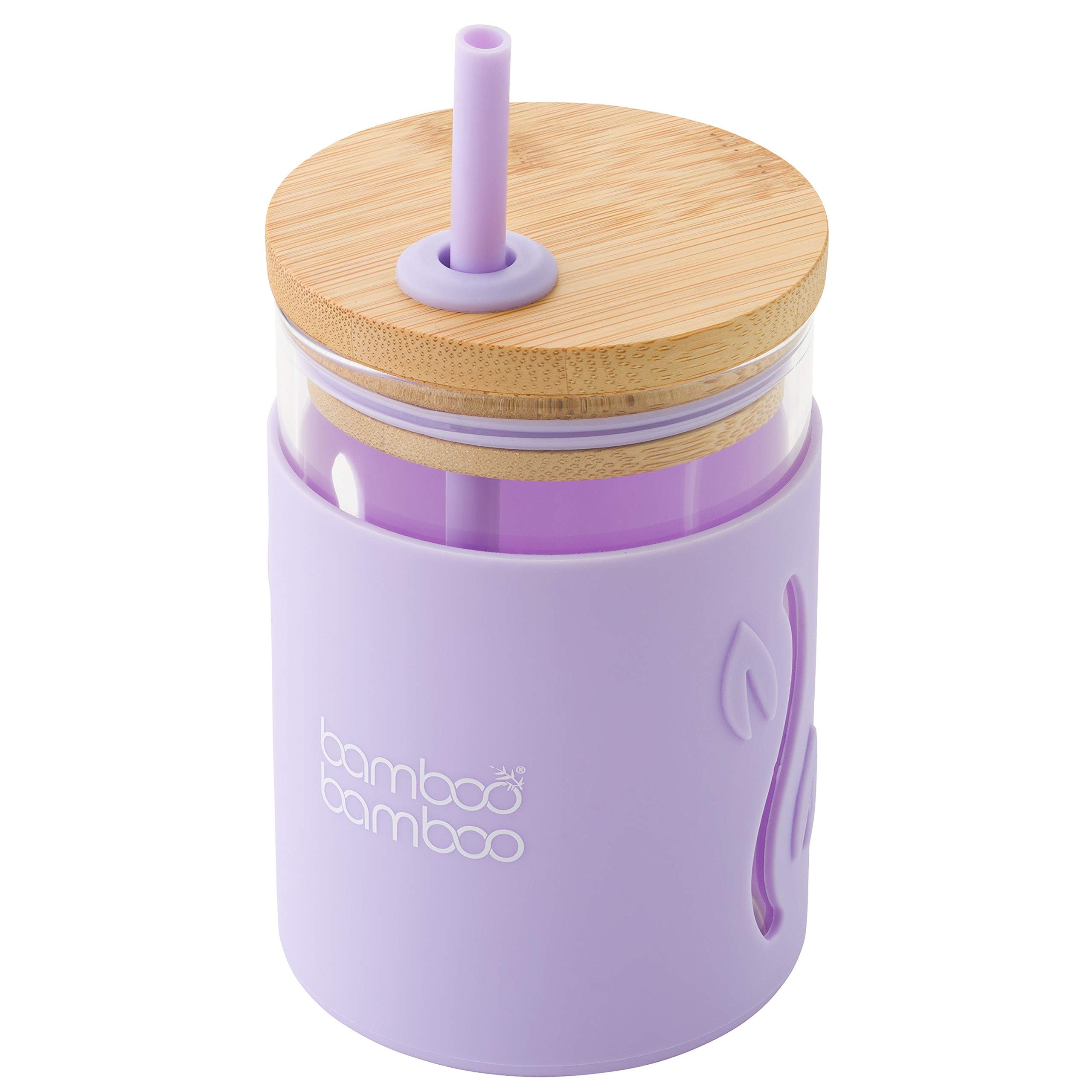 bamboo bamboo Sippy Cup, Straw Cups for Toddlers, Glass Jar with Bamboo Lid & Silicone Impact Sleeve, Perfect for Drinks & Smoothies, 350ml Capacity Baby Cup for Transitioning Toddlers (Lilac)