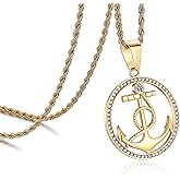 ROWIN&CO Mens Unique Nautical Anchor Necklace Gold Silver Iced Out Medallion Coin Hip Hop Pendants with 24Inch Chain Stainless Steel Personalized Jewelry Gift