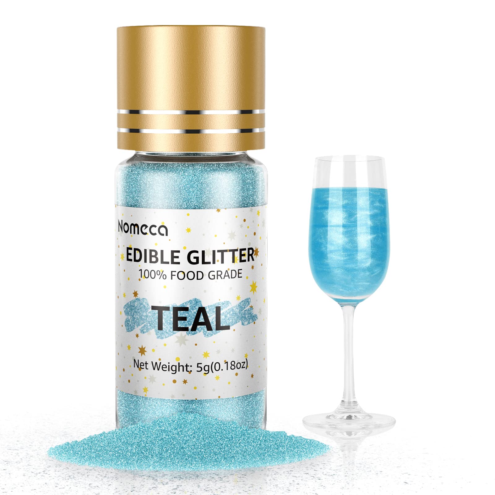 Edible Glitter for Drinks, Nomeca 5g Edible Shimmer for DIY Wine Cocktails Champagne Beverages, Food Grade Coloring Gold Glitter Dust Kosher & HALAL Certified, Vegan, Gluten Free, Nut Free Dye - Teal
