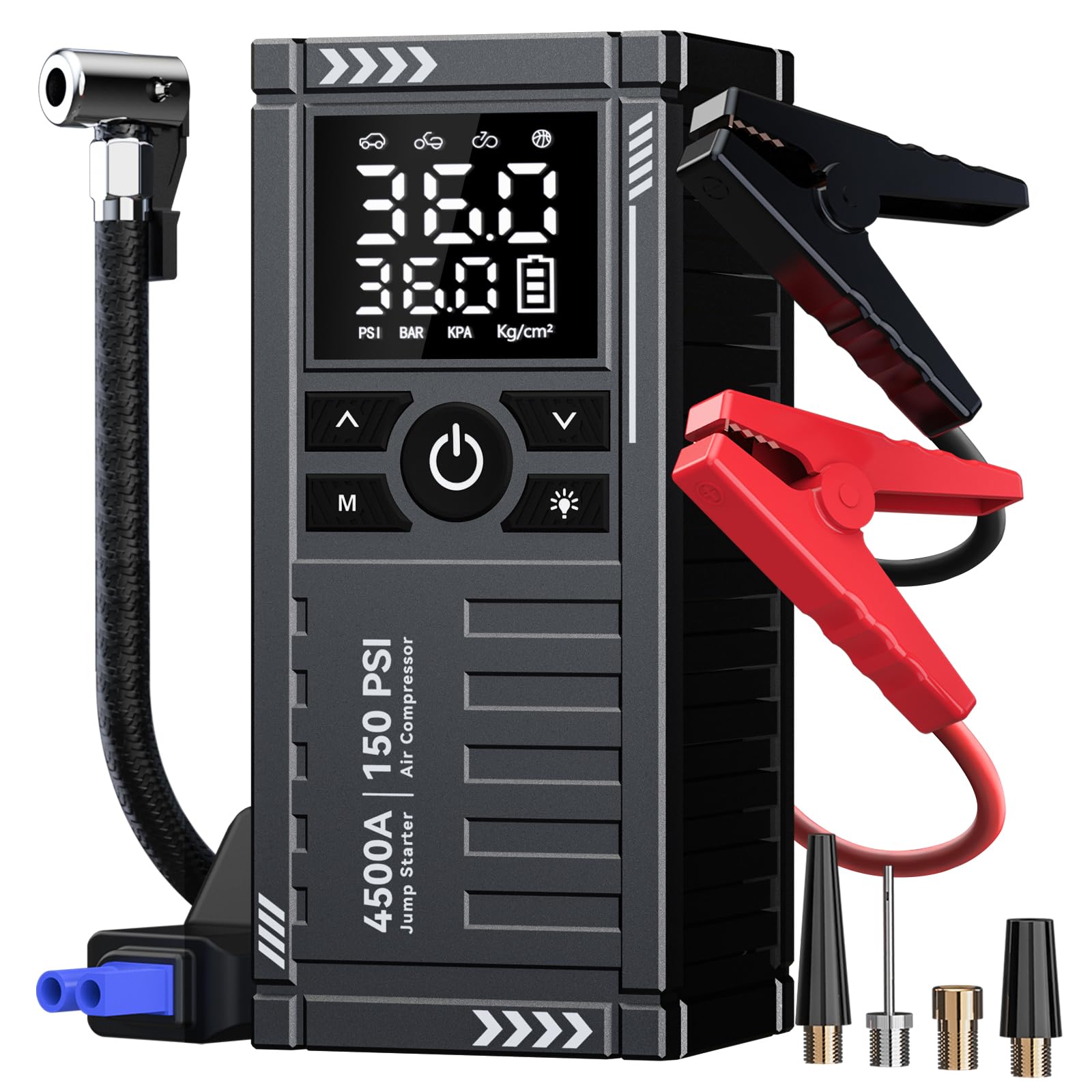 Photo 1 of Car Battery Jump Starter with Air Compressor - 4500A 150PSI Portable Car Jump Starters (9.0 Gas/8L Diesel) with Tire Inflator, 12V Car Battery Jump Box with Jumper Cables, LCD Display, LED Light