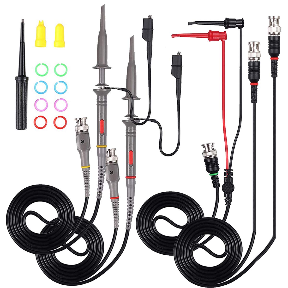 Youmile 2PCS P6100 Oscilloscope Probe Kit 100MHz Scope Clip Test Probe for Oscilloscope with BNC to Mini Hook Leads, BNC Male to BNC Male Cable