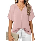 Timeson Women's V Neck Chiffon Blouse Ruffle Sleeve Ladies Work Shirts