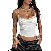 OYOANGLE Women's Lace Trim Scoop Neck Cami Crop Top Spaghetti Strap Ruched Camisole Y2K Going Out Tops