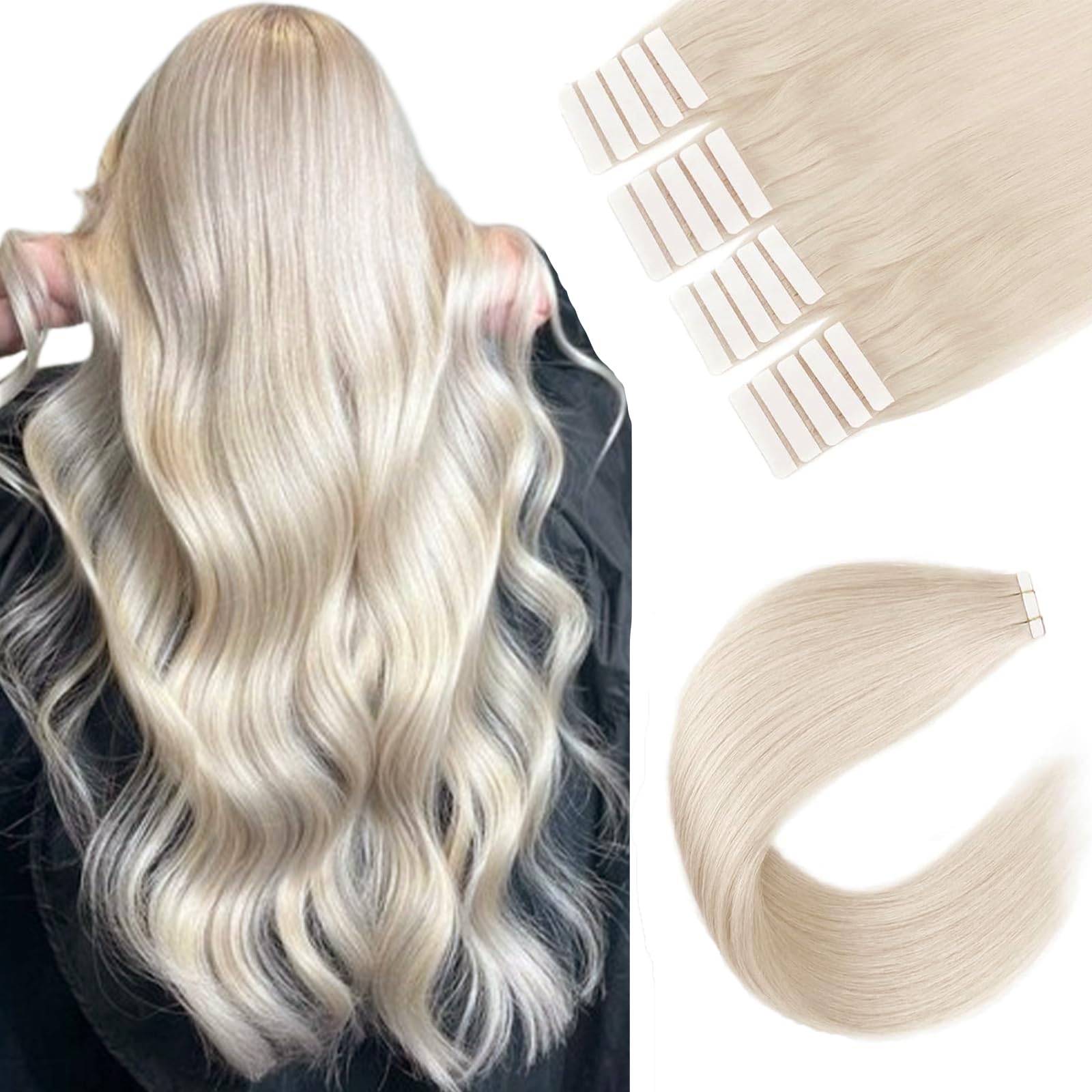 Sixstarhair Tape in Human Hair Extensions - 1000 Blonde Remy Silky Straight 50g Seamless Skin Weft [Color 1000 20inch] — image 1