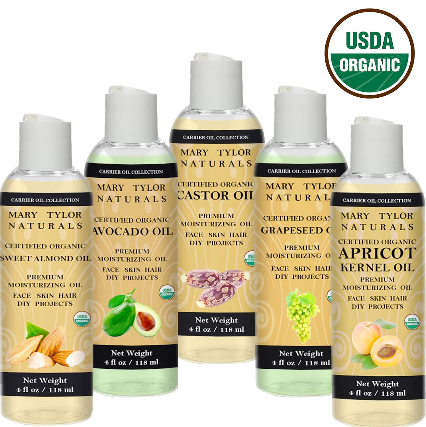 USDA Organic Carrier Oil Gift Set 4 oz Each, Cold Pressed, Unrefined Castor Oil, Avocado Oil, Apricot Oil, Sweet Almond Oil and Grapeseed Oil, Moisturizer Massage Oil Hair Conditioner for Healthy Hair