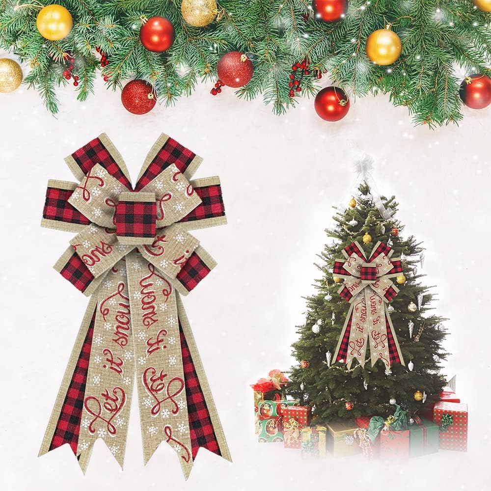 Bows & Ribbons - Estivaux Large Christmas Bows for Wreath, Christmas Wreath Bows Black Red Buffalo Plaid Bows Xmas Snowflake Bows Natural Burlap Tree Topper Bows for Front Door Christmas New Year Decorations