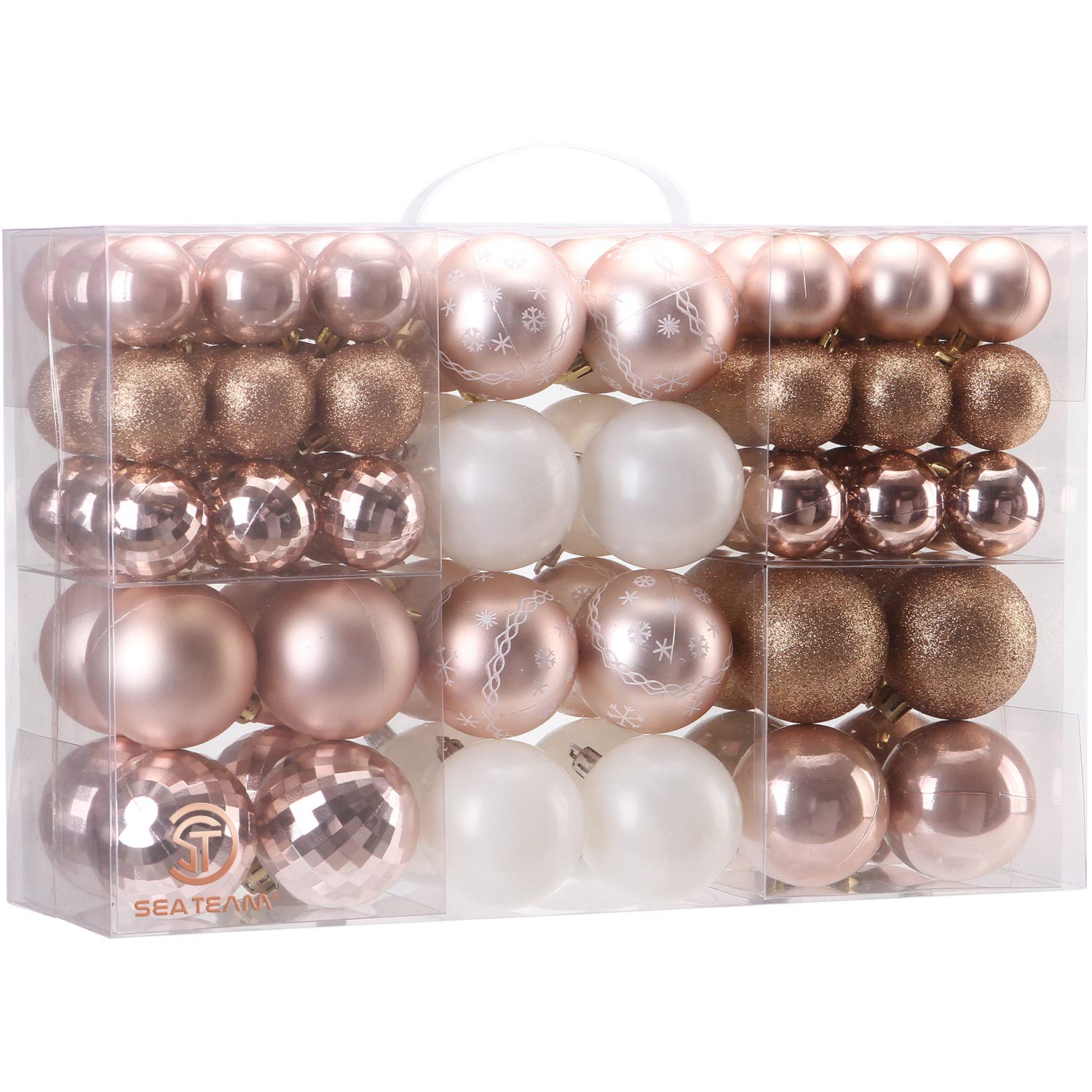 Photo 1 of ***MISSING PARTS*** Sea Team 86-Pack Shatterproof Rose Gold Christmas Ball Ornaments Set, Assorted Multi-Sized Hanging Baubles, Xmas Tree Decorations, Seasonal Décor for Holiday Wreath Garland, Hooks Included