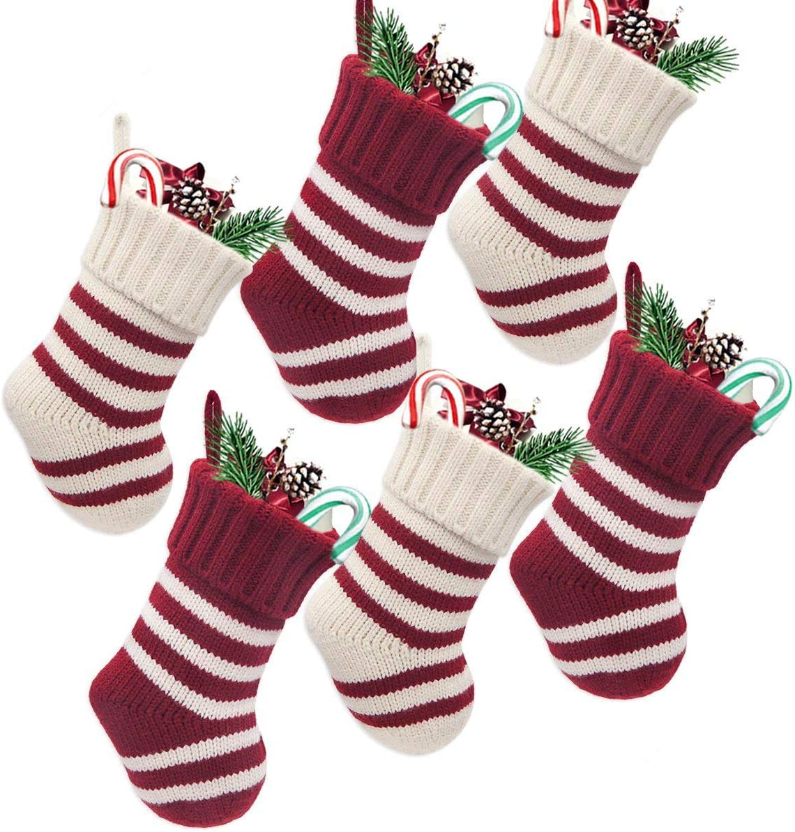 Stockings & Holders - LimBridge Christmas Mini Stockings, 6 Pack 9 inches Knitted Knit Stripe Rustic Holiday Decorations, Goodie Bags for Family and Friends, Burgundy and Cream