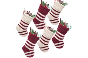 LimBridge Christmas Mini Stockings, 6 Pack 9 inches Knitted Knit Stripe Rustic Holiday Decorations, goodie Bags for Family and Friends, Burgundy and Cream