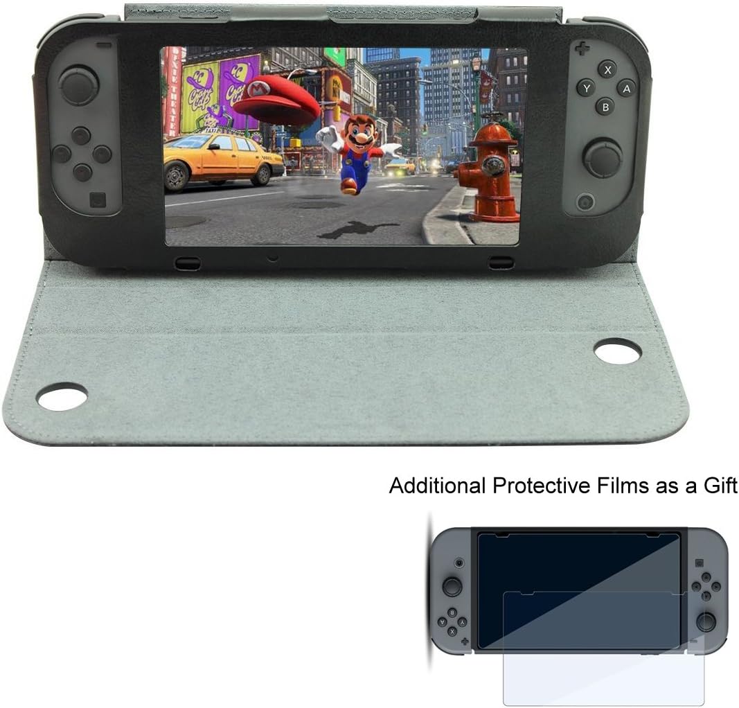 Nintendo Switch Case, Anti-Slip Soft PU Leather Protective Cover Skin Leather Stand for Nintendo Switch + Protective Film