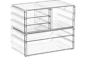 Yieach 2 Pack Acrylic Drawer Organizer With 6 Drawers,Stackable 11.1” Large Clear Storage Drawers and Makeup Organizer For Vanity,Bathroom Countertop,Cabinet,Pantry,Office Supply Storage Bins Drawers