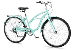 CamPingSurvivals Women Bike, 26 Inch Beach Cruiser Bike, 7 Speed Commuter Bicycle with Ergonomic Upright Frame, Full Front & Rear Fenders and Foldable Front Basket (Green/Black/Red)