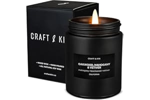 Craft & Kin Oakwood, Mahogany & Vetiver Scented Candles | Soy Scented Candle for Home | Black Wood Wicked Winter Candles | Lo