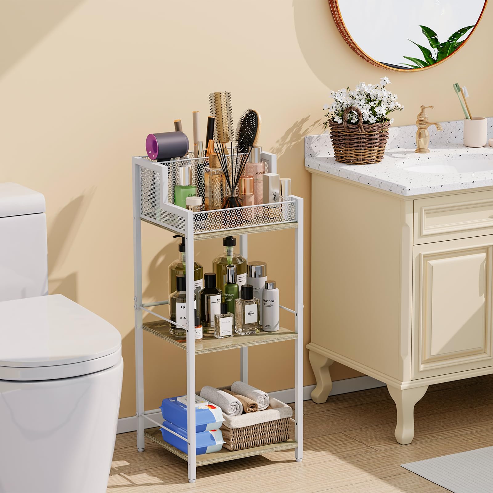Photo 1 of Eyteenokk Hair Tool Organizer, Bathroom Standing Shelf with Divider, 3-Tier Hair Dryer Storage Corner Stand for Towel, Brush, Makeup, White