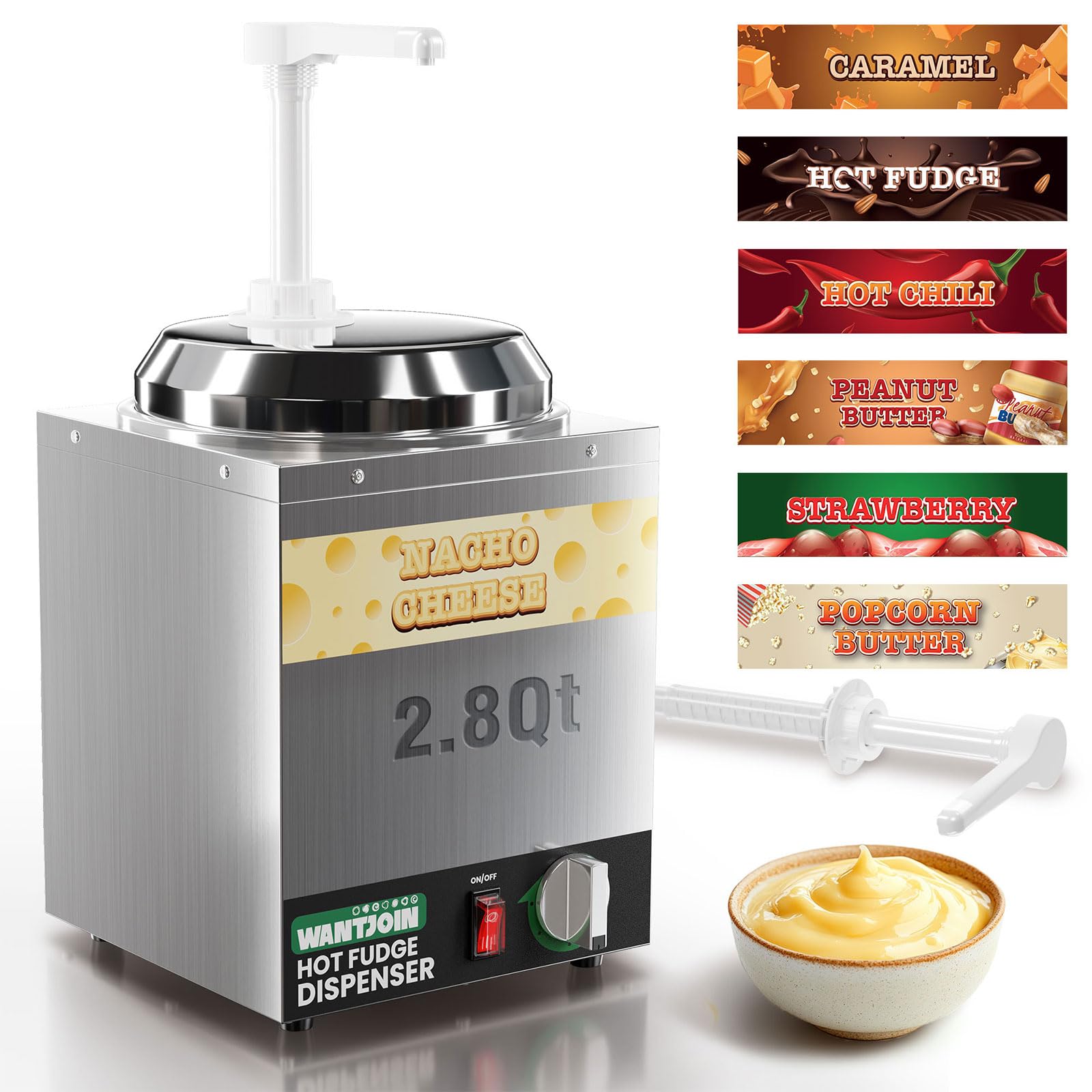 Photo 1 of WantJoin Nacho Cheese Dispenser with Pump,2.8Qt Nacho Cheese Warmer,Stainless Steel Hot Fudge Warmer W/5-Level Temperature Adjustment,Commercial Hot Fudge Dispenser for Hot Fudge Cheese Caramel