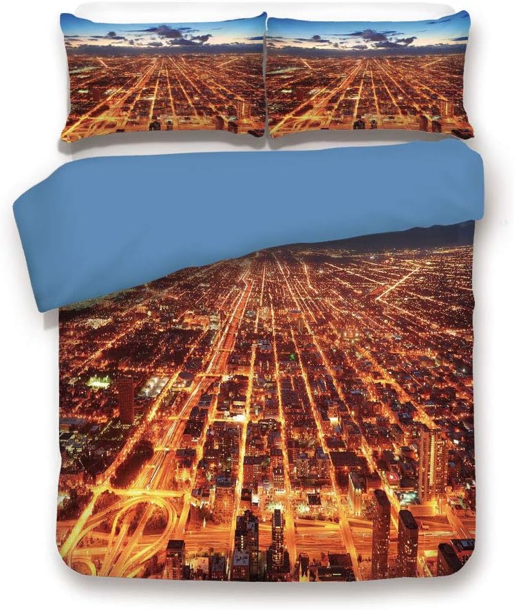 Blue 3pc Bedding Set,Chicago Downtown Skyline Aerial Panorama View at Dusk with Skyscrapers Full Duvet Cover Set,Printed Comforter Cover with 2 Pillowcases for Teens Boys Girls & Adults