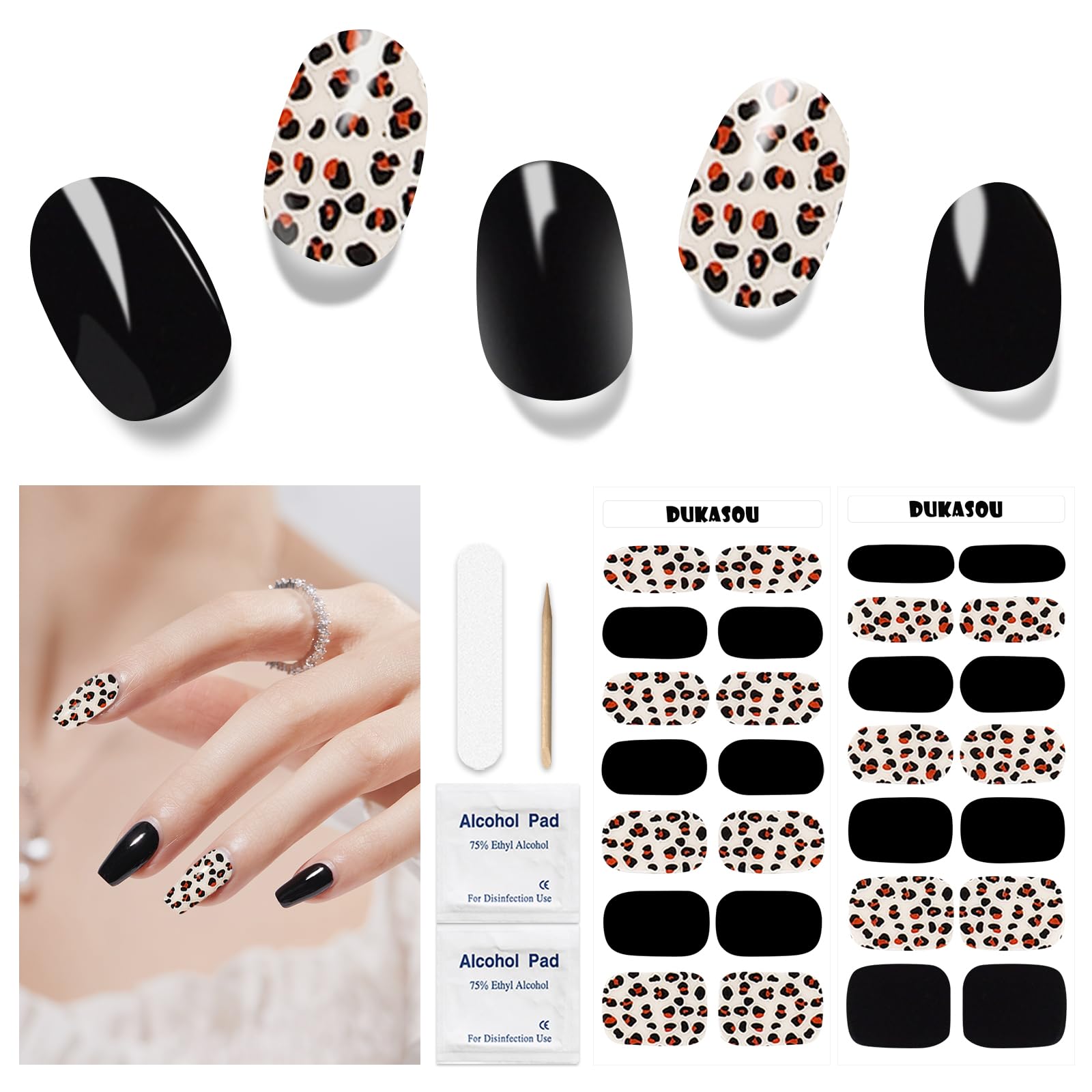 Semi Cured Gel Nail Strips, 28 pcs Gel Nail Sticker Work with Any UV Lamp, Long Lasting Gel Nail Stickers Full Nail Wraps, Salon Quality, Easy to Apply (Leopard Black)
