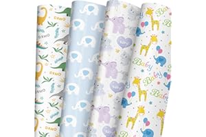SaringSwoon Baby Shower Wrapping Paper - Baby Gift Wrap With Cute Elephant, Giraffe, Dinosaur, Birds, Stars, Baby, and Dino Design for Baby Shower, Birthday - 20×29 Inches, 8 Folded Sheets