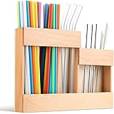 Reusable Wooden Straw Dispenser Organizer with 2-Sided Adhesive - Cabinet & Countertop Storage for Metal/Glass Straws, Compatible with Long & Short Straws