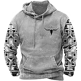 Spatofa Mens Aztec Cowboy Hoodies Western Vintage Print Graphic Hooded Sweatshirt Ethnic Long Sleeve Drawstring Pullover Tops