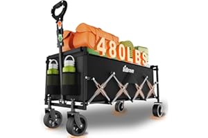 InBrave Extra Long Collapsible Wagon Cart, 480LBS Heavy Duty Utility Wagons with All-Terrain Wheels, Foldable Grocery Carts for Gardening, Shopping, Beach, Camping, Black