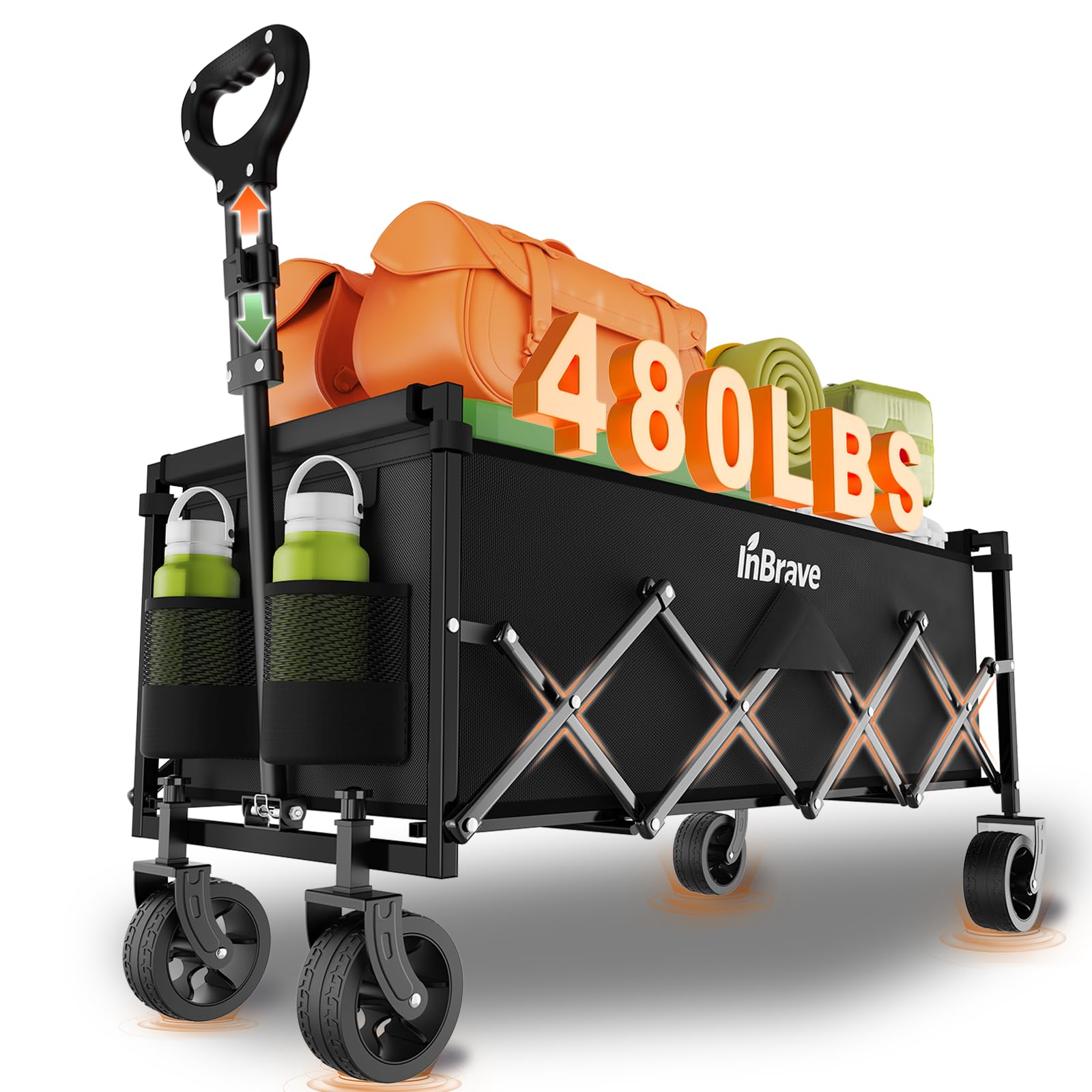 Photo 1 of InBrave Extra Long Collapsible Wagon Cart, 480LBS Heavy Duty Utility Wagons with All-Terrain Wheels, Foldable Grocery Carts for Gardening, Shopping, Beach, Camping, Black