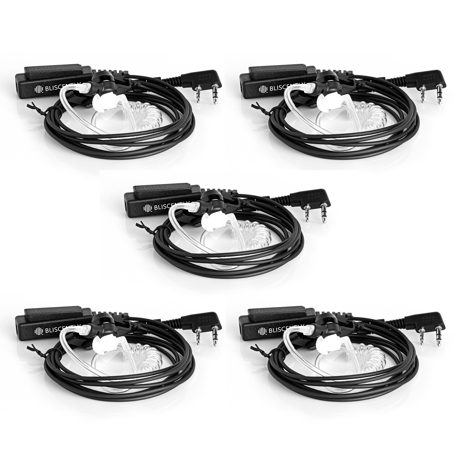 BLISCENTLY Set of 5 Covert Tube Walkie Talkie Earpiece Compatible with Kenwood KPG and TH, Retevis, BaoFen, WOUXUN, PUXING and WEIERWEI Walkie Talkie Big PTT Mic 2Wire 2Pin Earpiece Kit,Black