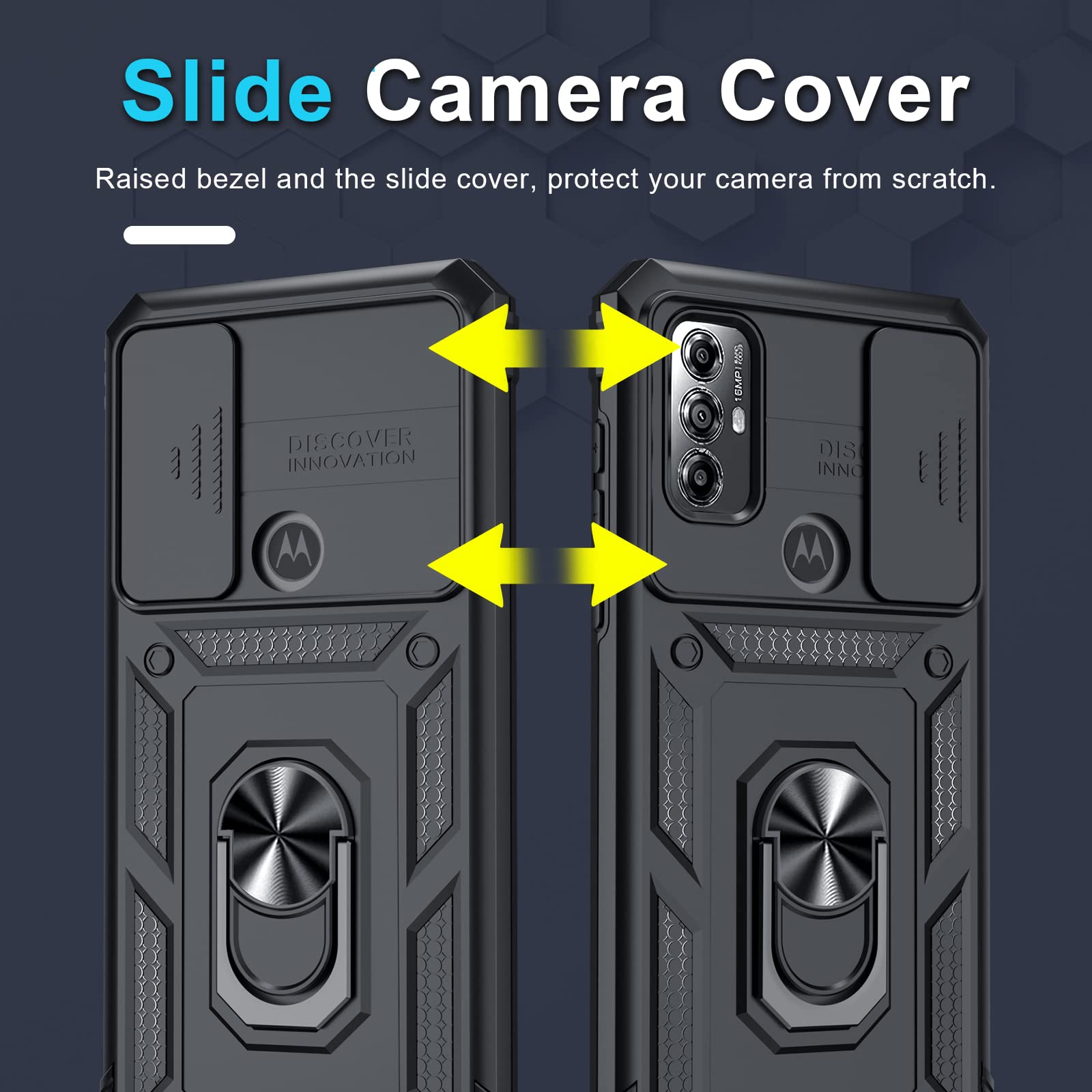 Janmitta Compatible with Moto G Play 2023,G Power 2022/G Pure Case Built in Slide Camera Lens Cover+Screen Protector+Ring Holder,Heavy Duty Shockproof Full Body Phone Cover,Black