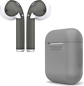 AirPod Skins & Charging Case Cover – Protective Silicone Cover and Stylish Wraps Bundle Compatible with Apple AirPods (Grey Case & Space Grey Skin)