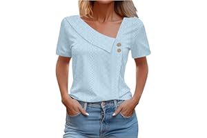 FLOLEO Eyelet Tops for Women Summer Trendy Tops Asymmetric Neck Top Classic Short Sleeve Shirts Blouse 2024 Fashion Clothes