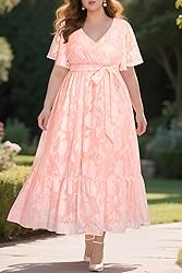 Plus Size Pink Dress for Women Summer Maxi Wrap V