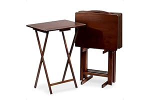 PJ Wood 5-Piece Folding Wooden Table Set, TV Tray Tables with Collapsible Storage Rack, Walnut - Portable and Adjustable Home Furniture for Living Room, Bedroom, and Kitchen