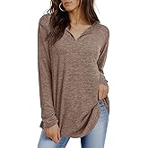 Tankaneo Womens Long Sleeve Tunic Tops V Neck Dressy Casual T-Shirts Loose Fit Curved Hem Blouse Tees