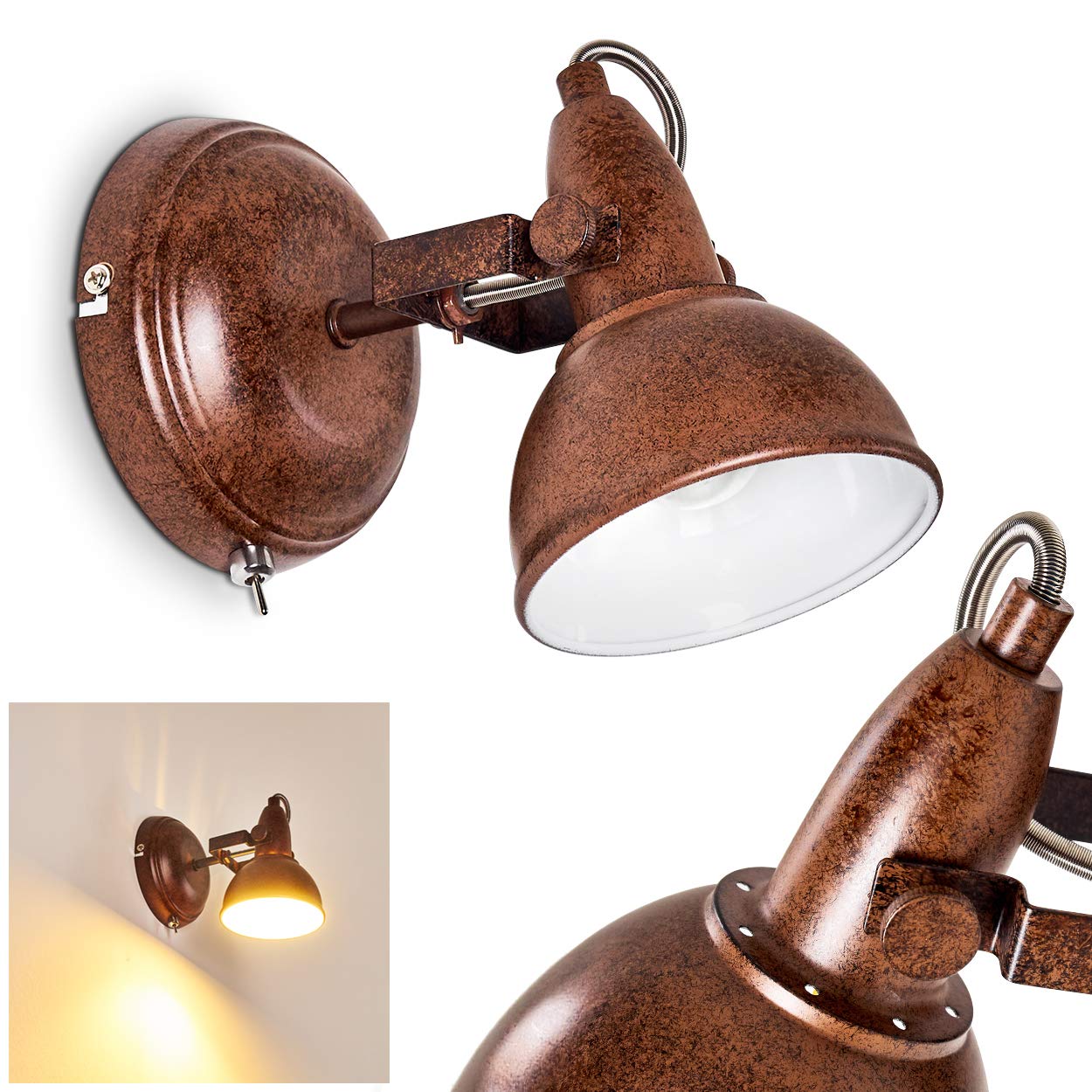 Wall Light Tina, Adjustable Wall lamp Made of Metal in Rust Brown/White, 1-Flame, 1 x E14-socket, Wall spot in Retro/Vintage Design, Without Bulbs