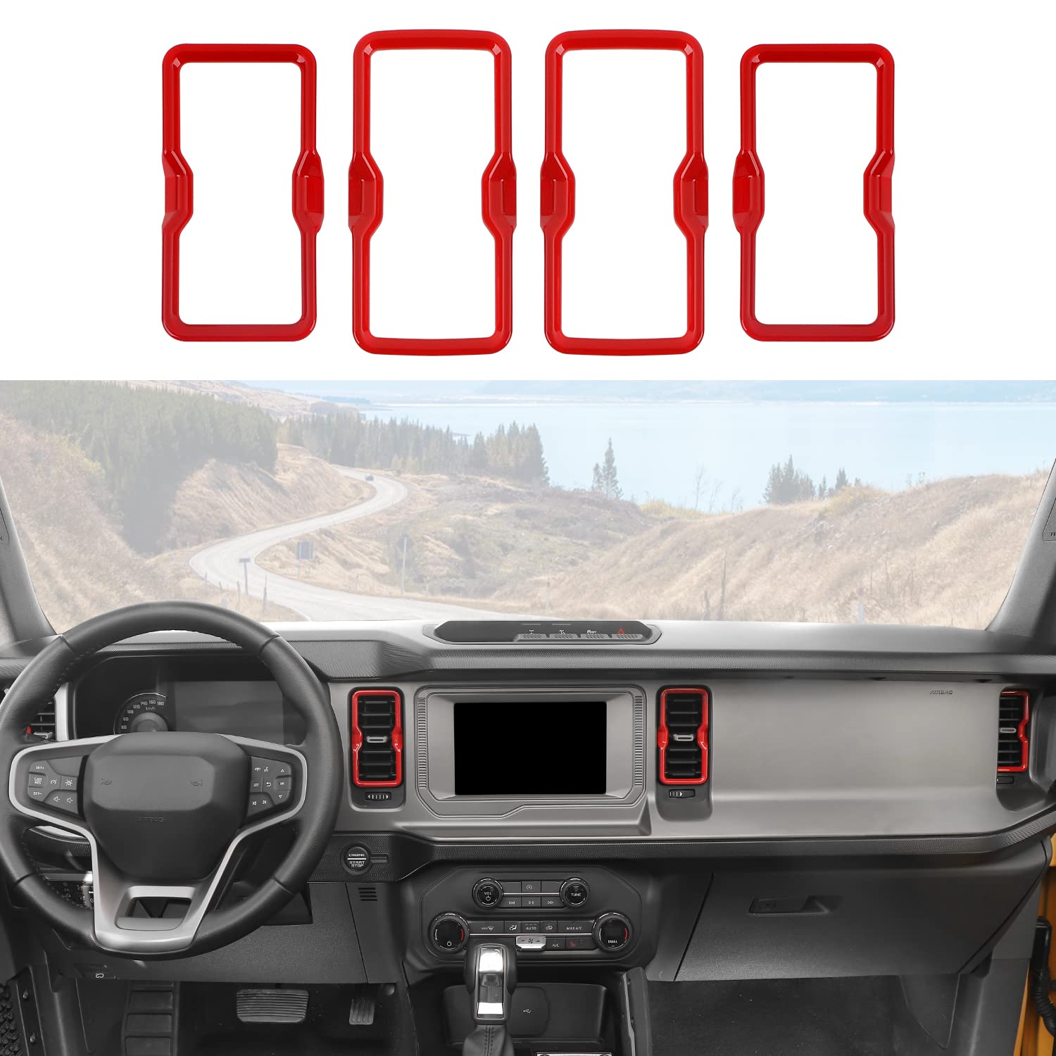 Photo 1 of RAZPOY for Bronco Air Conditioning Outlet Vent Trim, 4PCS Center Console Dash AC Vent Ring Cover Compatible with 2021-2024 Ford Bronco Interior Accessories, Red (Not for Bronco Sport)