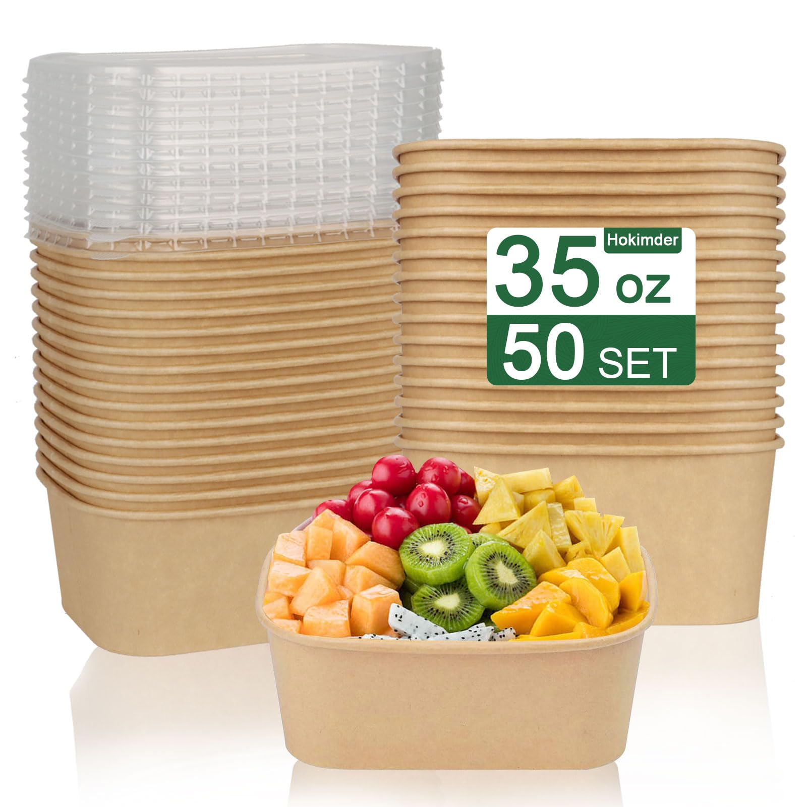 Photo 1 of 50 Pack 35oz Paper Food Containers with Lids, Cardboard Meal Prep Containers, Disposable Compostable Kraft Paper Bowls with Lids for Hot/Cold Food, Salad, Leftovers, Snacks, Desserts - Rectangular