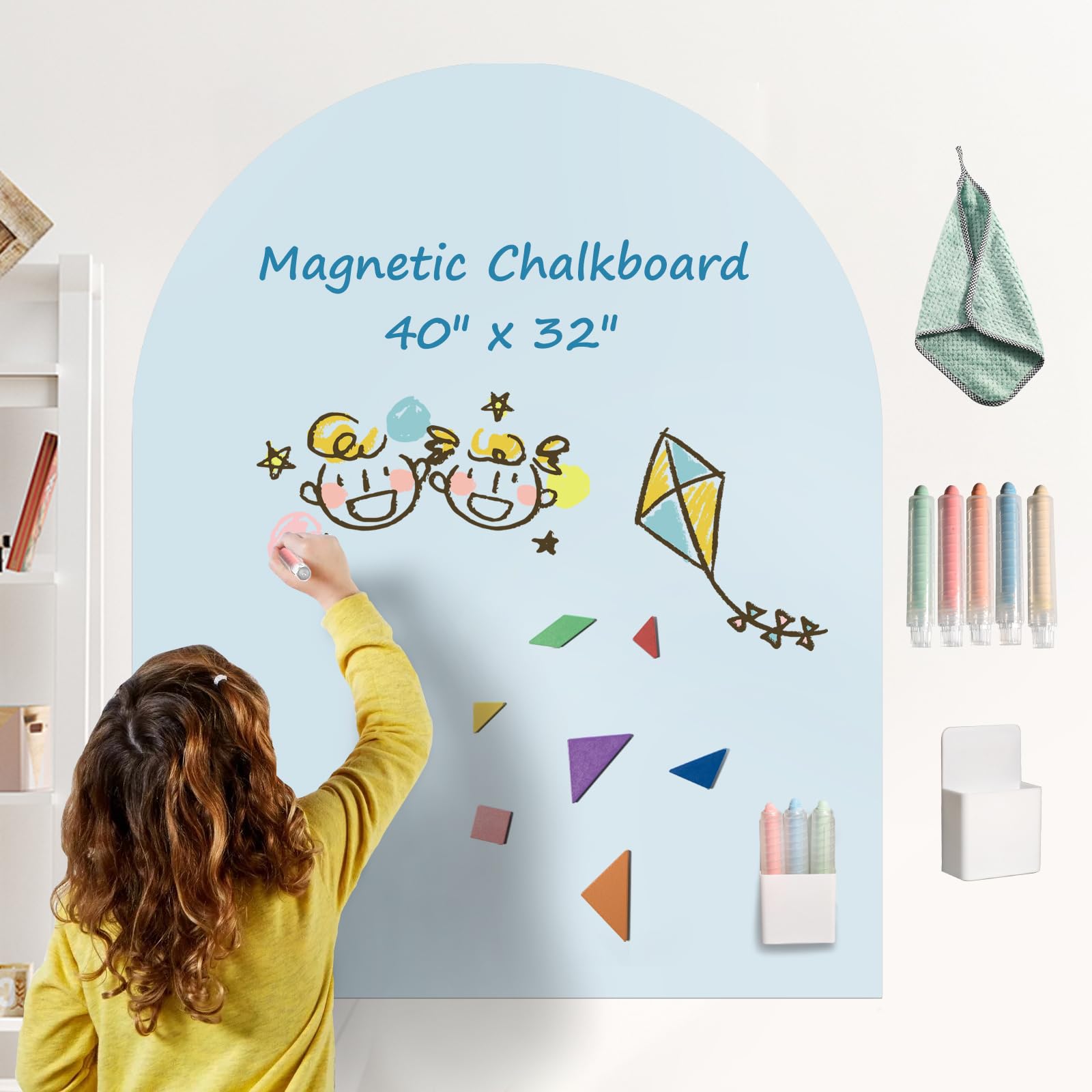 Photo 1 of 2025 Magnetic Chalkboard Wall Decal 40"x32" – Upgraded Strong Adhesive, Thickened Iron Layer, Wet Cloth for Easy Erasing, Drawing Learning for Kids Playroom, School, Home Decor (Blue)
