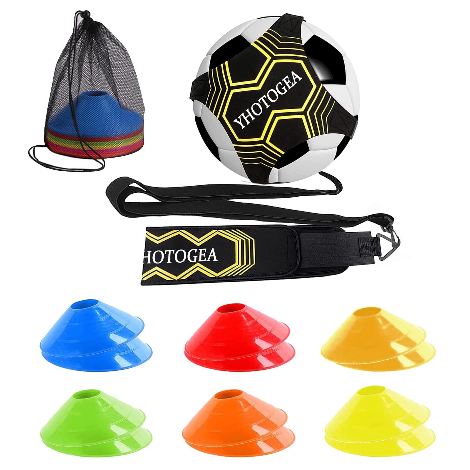YHOTOGEA Football Kick Trainer, Football Training Equipment Aid, 12 Disc Cones, Football Gift for Boys and Adults Solo Practice, Adjustable Belt Elastic for Ball Size 3/4/5 (Yellow)