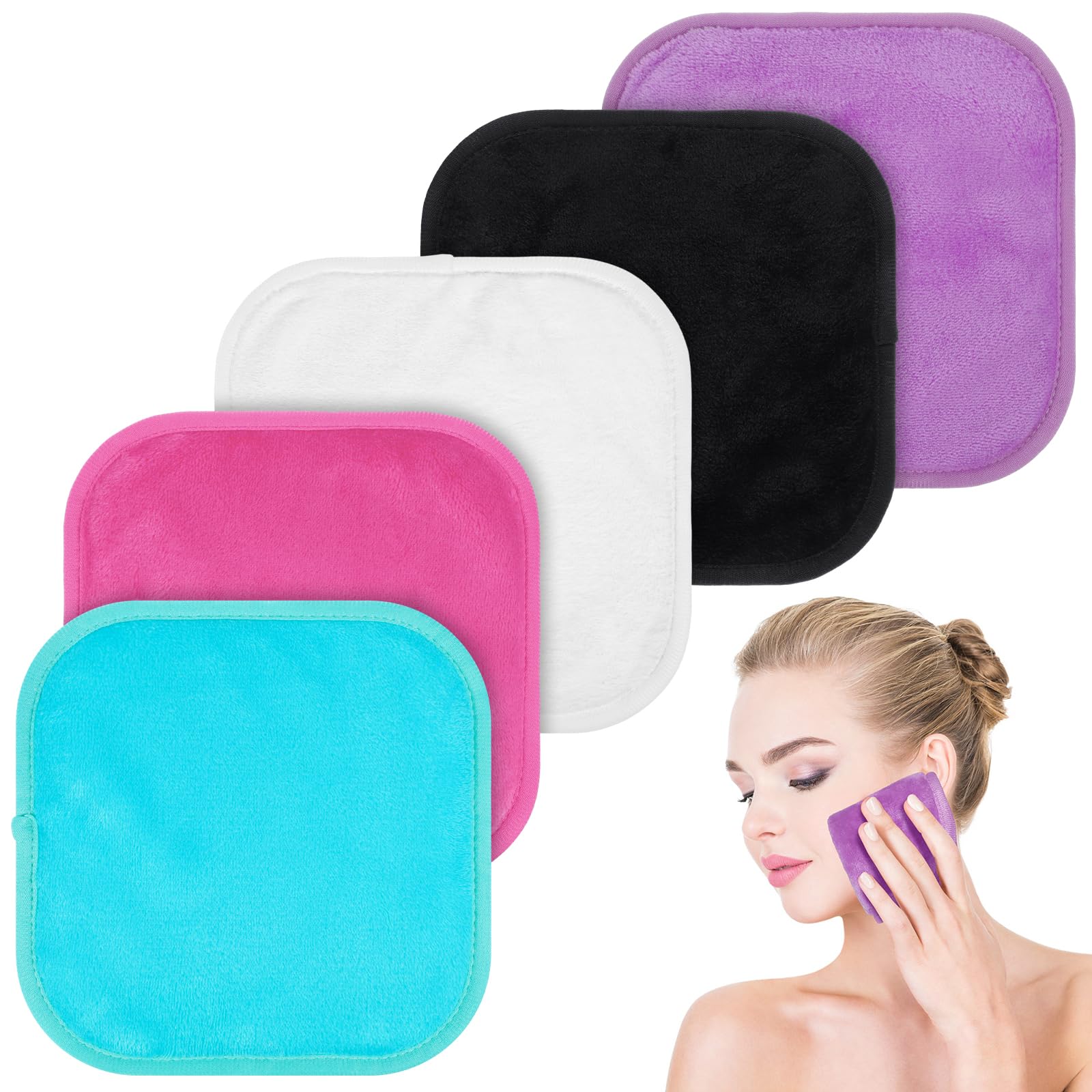 5 Pack Make Up Remover Cloth, 7.87 * 7.87in Flannel Face Cloth Face Wipes for Make Up Removing (Black+Violet+Cherry Red+Green+White) — image 1