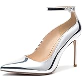 YSOHPM Women's Closed Pointed Toe High Heels Pumps Ankle Strap 4IN Stiletto Heels Classic Office Dress Wedding Shoes