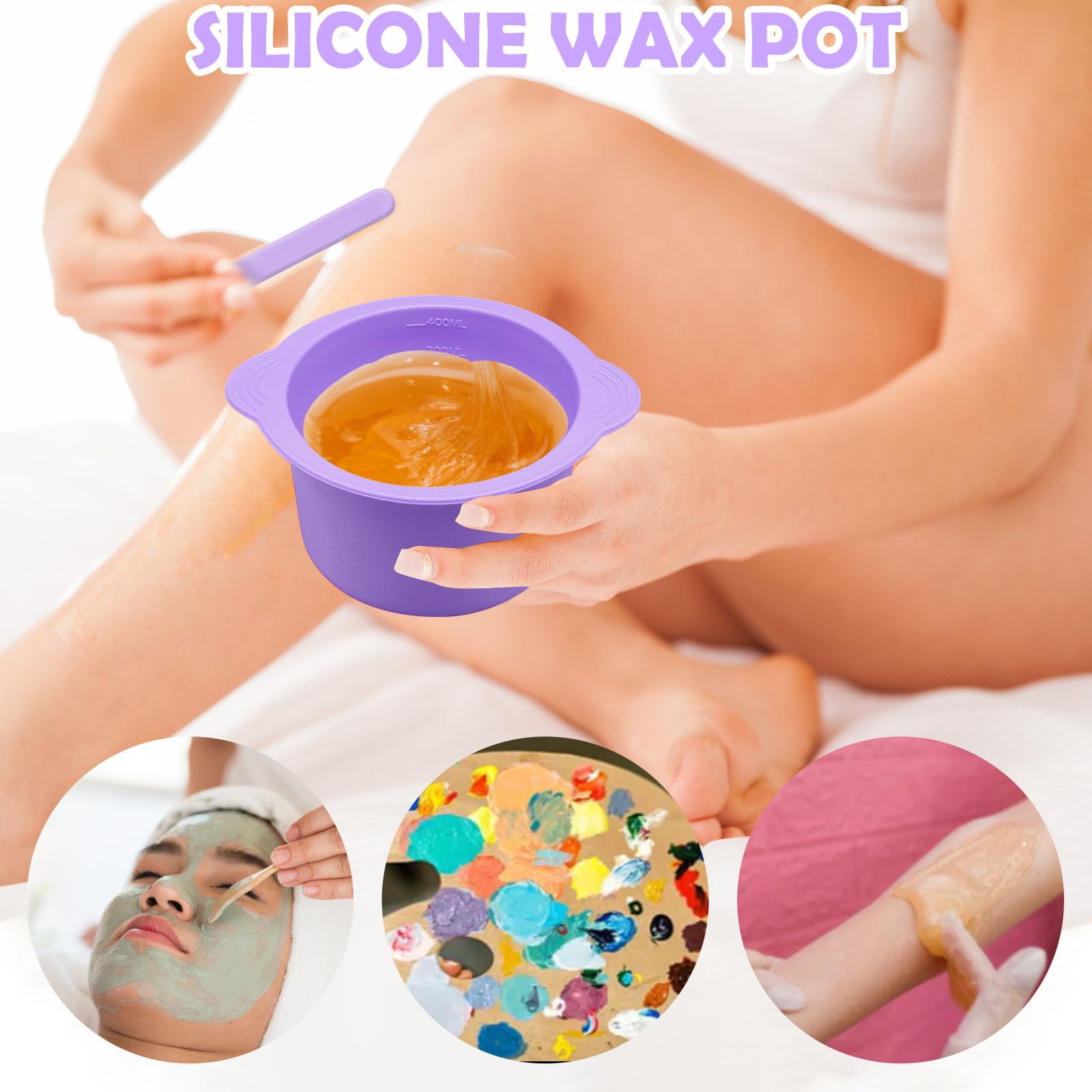 2Pcs Silicone Wax Warmer Liner, Silicone Wax Bowl for Wax Warmer, Non-Stick Wax Melt Warmer Wax Pot Replacement, Reusable Wax Melt Liner with 2 Pcs Wax Spatula Sticks for Hair Removal (Purple, Pink)