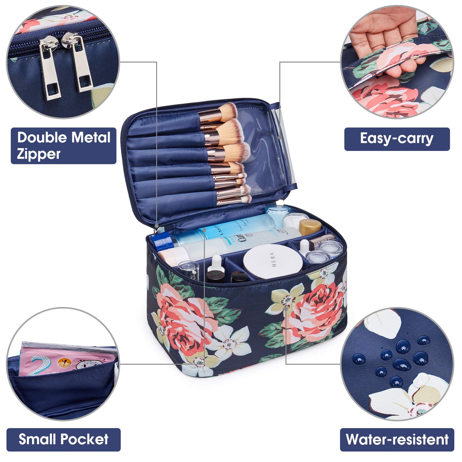 Travel Makeup Bag Large Cosmetic Bag Makeup Case Organizer for Women and Girls (Large, Blue Peony)