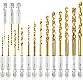 amoolo Hex Shank Drill Bit Set (13Pcs Set+3 Pcs Free), Premium 4341 HSS Titanium Impact Hex Drill Bits for Wood, Steel, Metal, Plastic, Quick Change Design (1/16 -1/4 )