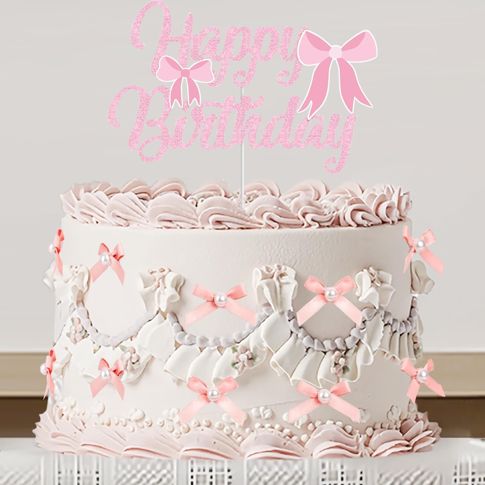Photo 1 of 13 PCS Pink Pearl Bow Cake Toppers, Coquette Party Cake Decorations for Pink Bow Birthday Party Bachelorette Party Birthday Candle Accessory Engagement Dessert Bridal Food Supplies