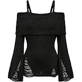 BEAUDRM Women's Cold Shoulder Sweater Gothic Punk Ripped Distressed Long Sleeve Y2K Knit Pullover Tops