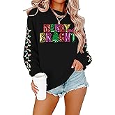 Merry Christmas Sweatshirts Women Merry and Bright Christmas Outfit Sequin Letter Printed Xmas Pullover Tops