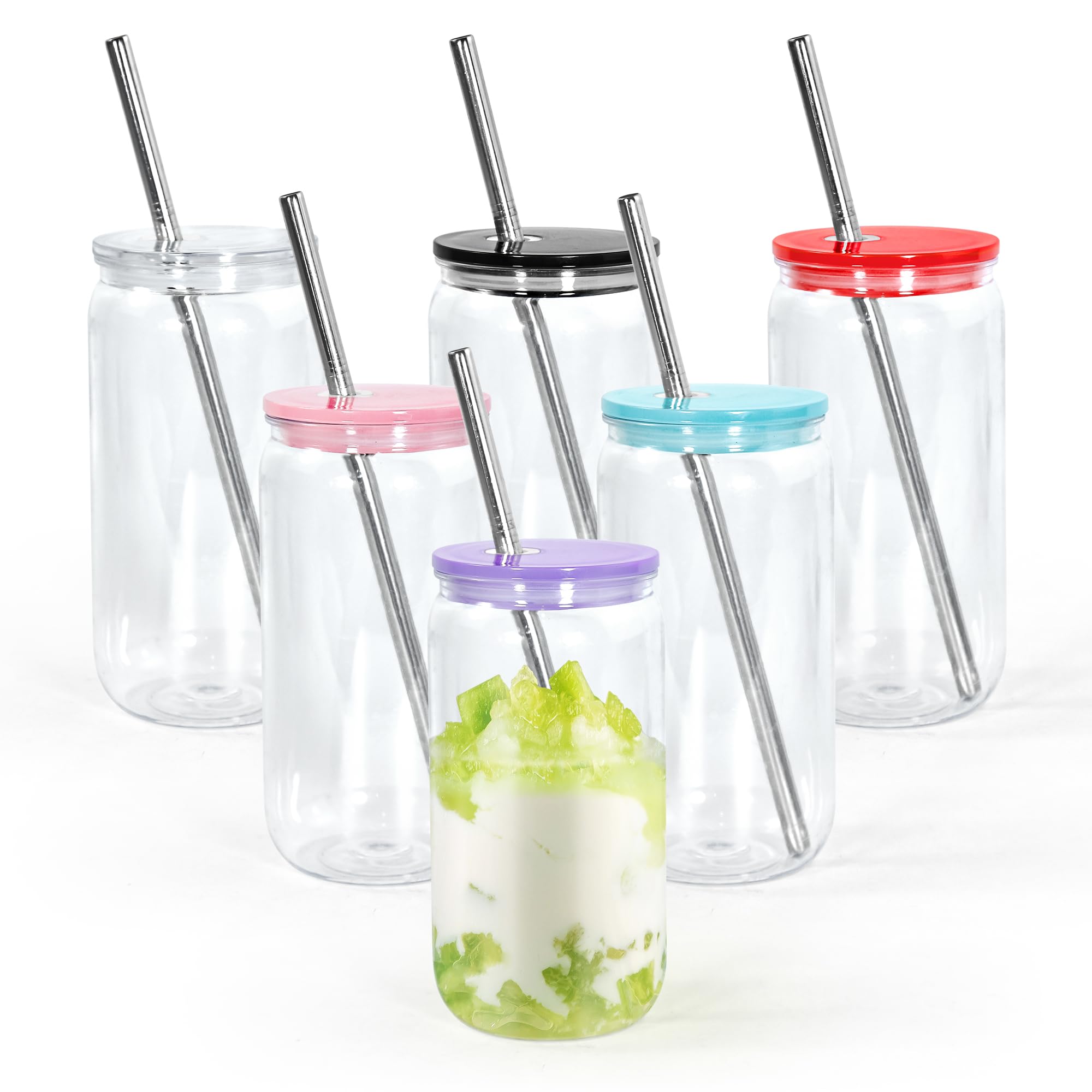 Photo 1 of Icesip 16oz Acrylic Mason Jar Cups, Clear Cups with Colorful Lids and Straws, Iced Coffee Cup Drinking Glass Tumbler for Whiskey, Soda, Tea, Juice, Gift, 6pcs