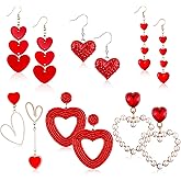JaGely 6 Pairs Valentine's Day Earrings for Women Red Heart Dangle Earrings Artificial Pearl Earring Shiny Crystal Beads Earrings for Valentine's Mother's Day Wedding Jewelry Gift Supplies
